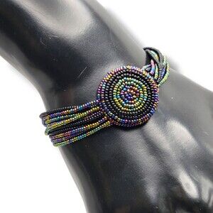 Purple Green Black Iridescent Woven Seed Bead  Bracelet Silver Tone Closure Boho